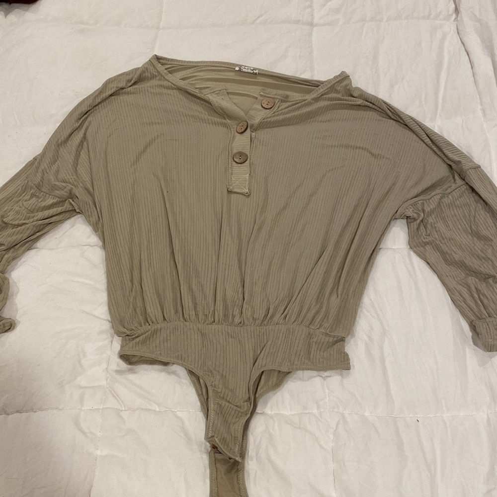 Free People Light Olive Long Sleeve Bodysuit